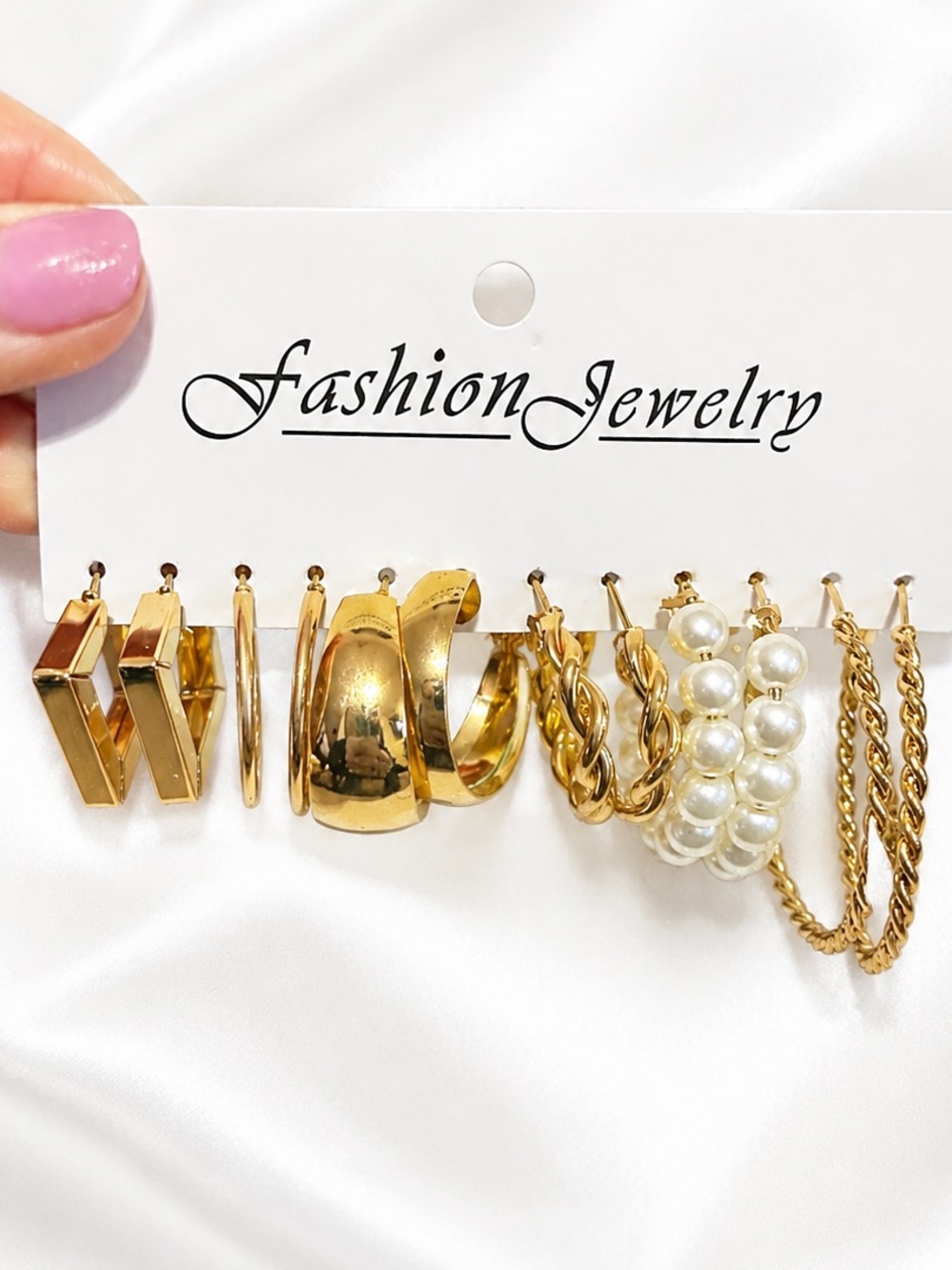 2/20 Gold Hoop Earring Lot 6 Prs Faux Pearl Huggie Hoop Earrings Twisted Chunky